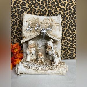 🦋B2G1🦋CRACKER BARREL Resin Baby Jesus Nativity Scene on Scroll FIgurine 8x6.7in